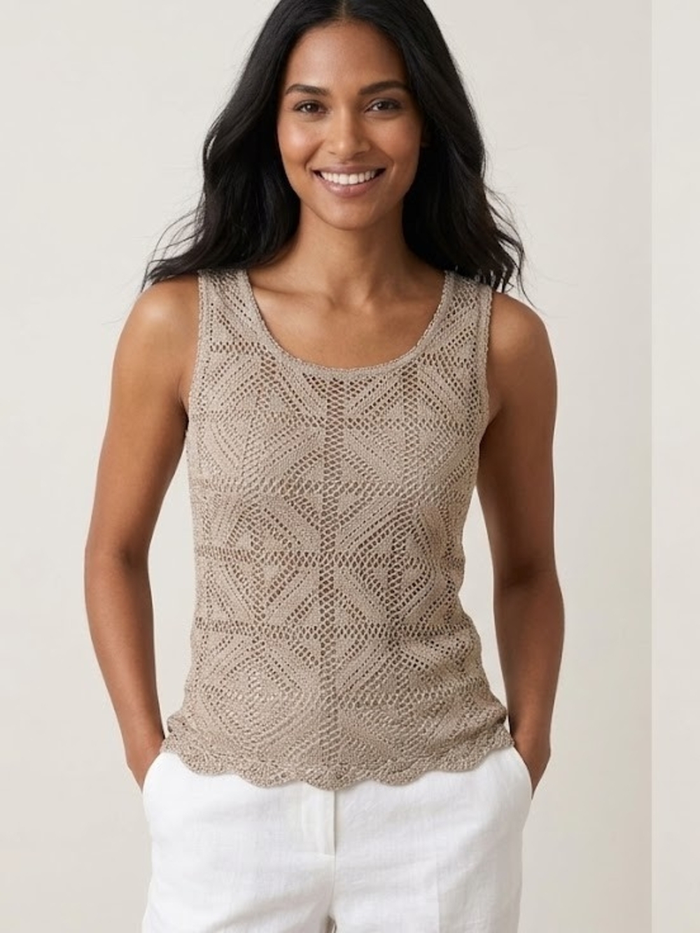 Travelers By Chico's Crochet Knit Scoop Neck Tank Top — Taupe